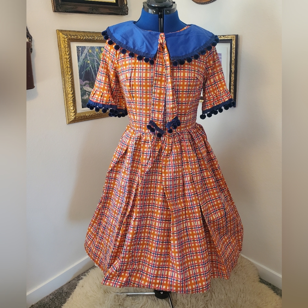 Vintage 60s style handmade women's orange blue gingham pompom dress
